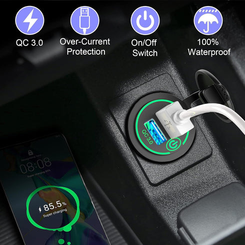 Car USB Outlet 12V Charger Socket, Qidoe Waterproof 36W Dual QC3.0 USB Power Socket with Touch Switch DIY Car USB Port for Car Boat Marine RV Moto...