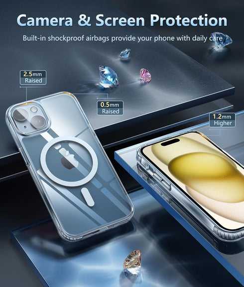 FNTCASE for iPhone 15-Plus Phone Case: Clear Case Military Grade Shockproof Protective Magnetic Cell Phone Cover, Anti Yellowing Scratch-Resistant...