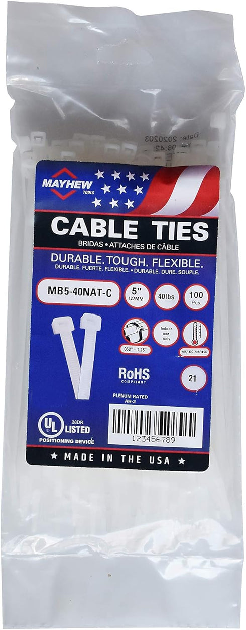 Mayhew Tools MB5-40NAT-C Nylon Cable Ties, Natural, 5-Inch 40-Pound Tensile Strength...