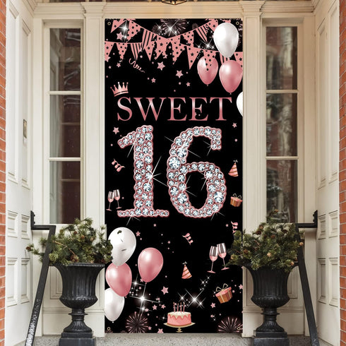 Sweet 16 Birthday Door Banner Backdrop, Happy 16th Birthday Decorations for Girls, Sweet Sixteen Door Cover Rose Gold, 16 Door Poster Sign Birthda...