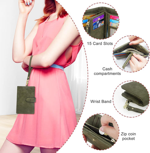 RFID Blocking Wallets for Women, Large Capacity Soft Leather Womens Small Wallet with Wrist Strap (Olive Green)...