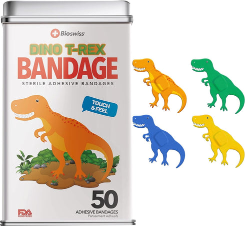 BioSwiss Bandages, Dinosaur Shaped Self Adhesive Bandage, Latex Free Sterile Wound Care, 50 Count...