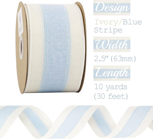 MEEDEE Blue and White Stripe Ribbon Blue White Ribbon Blue Wired Ribbon 2.5 Inch Light Blue Burlap Ribbon with Ivory Stripe Edge Blue Wired Christ...