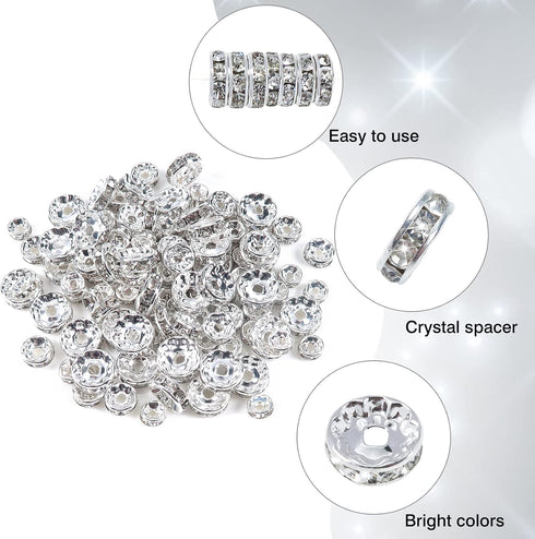 TOAOB 200pcs Rondelle Spacer Beads 6mm 8mm 10mm Round Crystal Czech Loose Spacer Beads Silver Rhinestone Charms Beads with Elastic String for DIY ...