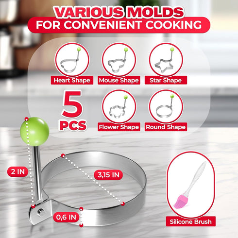 5Pcs Stainless Steel Ring Molds for Cooking Egg - Pancake Shapes Cooking Rings Egg Rings for Frying Eggs Round Egg Cooker Ring - Egg Ring Mold Coo...