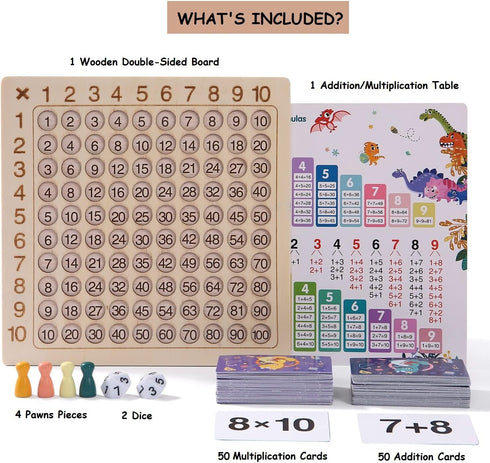 2 in 1 Multiplication Addition Math Board Game for Kids - Wooden Montessori Math Toys for Girls Boys 4 5 6 7 8 9 Years Old Wood Double Sided Board...