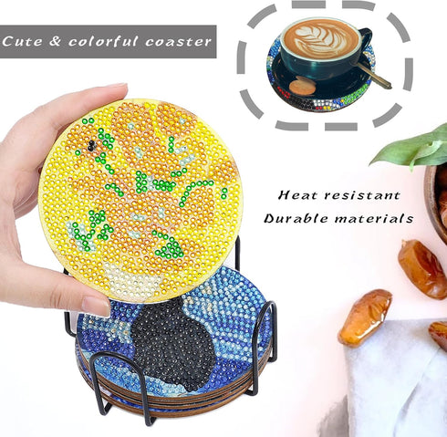 LINGFANG 8 Pcs Diamond Painting Coasters Kits, Van Gogh Sunflowers DIY Diamond Art with Holder & Cork Pad Non Slip Coaster for Beginners, Diamond ...