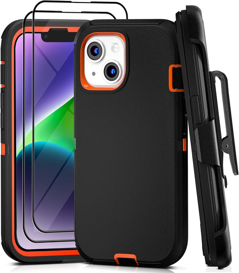 iPhone 14 Case with Belt Clip and 2 Pack Screen Protector - Military Grade Rugged Full Body Phone Case for Men and Women (Black+Orange)...