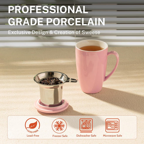 Sweese 15 OZ Porcelain Tea Mug with Infuser and Lid, Loose Leaf Tea Cup, Gifts for Tea Lover, Pink...