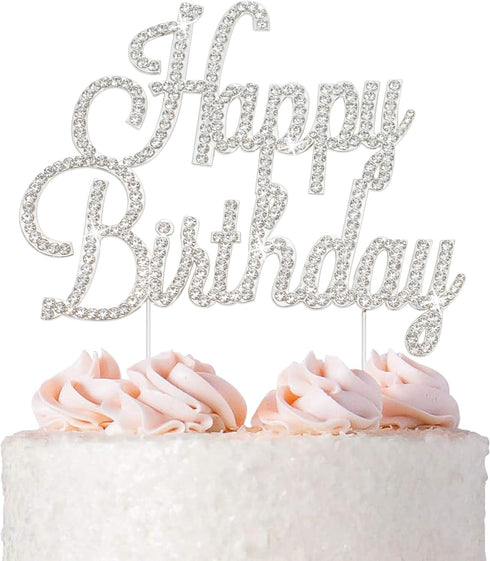 Happy Birthday Cake Topper - Premium Silver Metal - Happy Birthday Party Sparkly Rhinestone Decoration Makes a Great Centerpiece - Now Protected i...