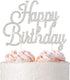 Happy Birthday Cake Topper - Premium Silver Metal - Happy Birthday Party Sparkly Rhinestone Decoration Makes a Great Centerpiece - Now Protected i...