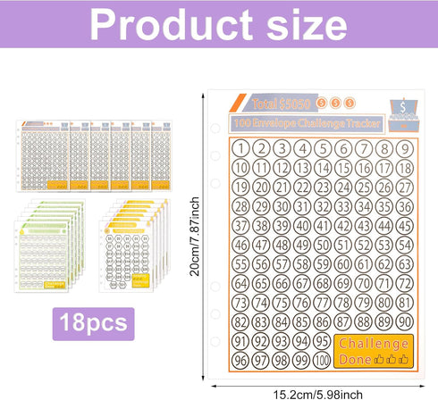 18pcs Saving Money Challenge Tracker Sheets, 100 Day Envelopes Challenge Binder Inserts Cash Stuffing Trackers Long-Term Budget Binder Refills Inc...