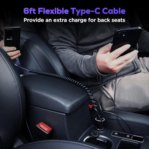 USB C Car Charger, 75W Metal 3-Port Super Fast Car Charger Adapter PD & QC3.0 Built-in 6ft Type C Coiled Cable for Samsung Galaxy S22/21 iPhone iP...