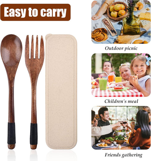 Wooden Cutlery Set, Spoon And Fork Set, Reusable Travel Cutlery Set with Case, Wooden Portable Cutlery Set, Rope Winding Processing, for Lunch, Ca...