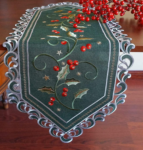 GRANDDECO Holiday Christmas Table Runner, Cutwork Embroidered Floral Holly Berry Dresser Scarf Table Topper for Home Dining Xmas Table Decorations...