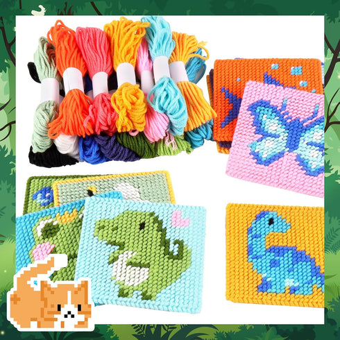 Pllieay 10-in-1 Cross Stitch Beginner Kit for Kids, Embroidery Kit Includes 10pcs Plastic Mesh Canvas with Pattern, 15 Yarns, 5 Weaving Needles, N...