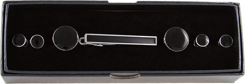 Black Designer Onyx Cufflinks & Studs & Tie Bar Tuxedo Set in Presentation Gift Box & Polishing Cloth...