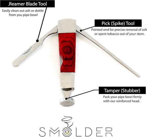 3-n-1 Tobacco Pipe Tool - Rosewood and Stainless Steel. 3 in 1 tool features a pipe chamber reamer, bowl spike and reinforced tamper (Red-Original...