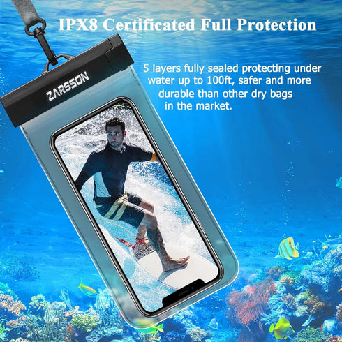 IPX8 Waterproof Phone Pouch/Case, 2 Pack Universal TPU Cell Phone Dry Bag Underwater Protector with Detachable Lanyard for iPhone 14 13 12 Pro Max...