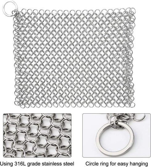 Cast Iron Cleaner 8’’x6’’ 316L Stainless Steel Chain Scrubber for Cast Iron Pan Pot Dutch Ovens Skillet Grill Cleaning...