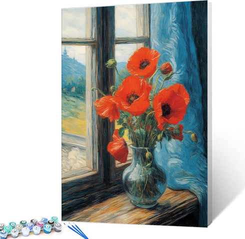 Tucocoo Poppy Vase Paint by Number for Adults Beginner, DIY Digital Oil Painting Kits on Canvas with Brushes and Acrylic Pigment, Rustic Window Fl...
