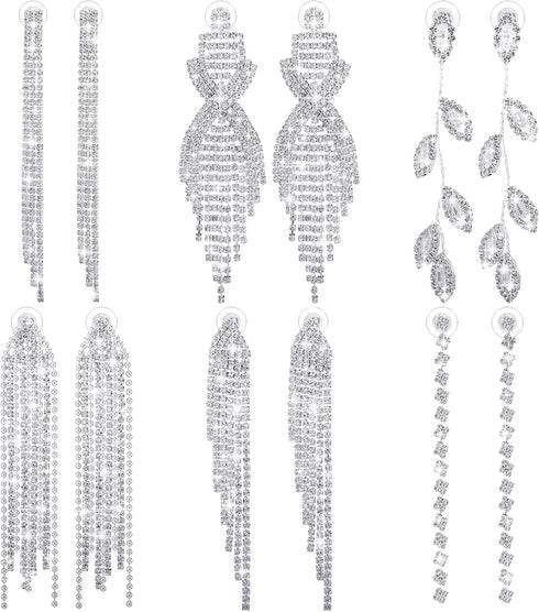 Sureio 6 Pairs Long Earrings Silver Chandelier Tassel Dangle Earrings for Women Wedding Prom Party Jewelry Fringe Rhinestone Earrings Boho Tassel ...