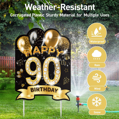 2Pcs 90th Birthday Yard Sign Decorations with Stakes, Large Size 16'' Black Gold Happy 90th Birthday Made in 1934 Waterproof Outdoor Lawn Signs De...