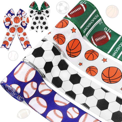 4 Rolls 20 Yards Sports Themed Wired Edge Ribbon, 2.5" Football Baseball Basketball Soccer Printed Burlap Ribbon for Birthday Sports Camp Party De...