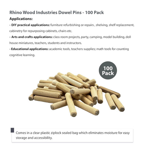 3/8" x 2" - 100 Pack Wooden Dowel Pins - Kiln Dried, Fluted, and Beveled (3/8" x 2", 100pk)...