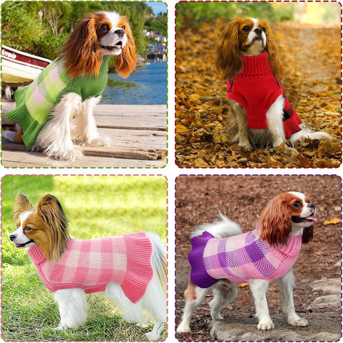 Dog Sweater Dress Plaid Knitwear for Small Medium Dogs Warm Puppy Pet Turtleneck Stretch Pullover Cute Fall Winter Vest Clothes with Leash Hole fo...