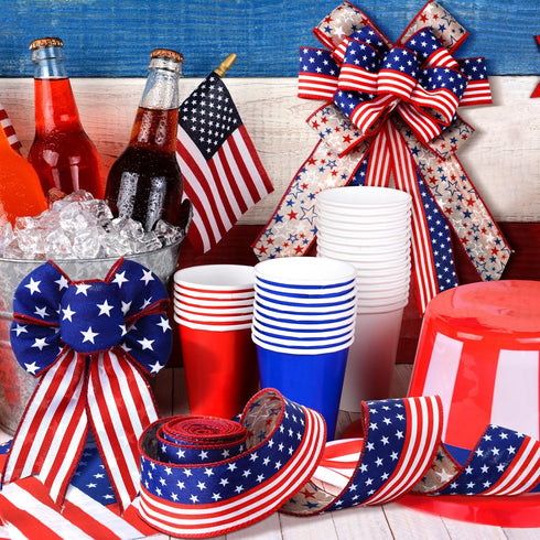 Solsew 3 Rolls Red White and Blue Patriotic Ribbons Double Sided 4th of July Ribbon 18 Yards Patriotic 2.5 Inch Burlap Wired Edge Ribbon Independe...