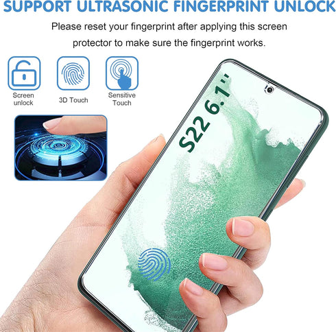 Screen Protector (3 Pack) for Samsung Galaxy S22 5G, 9H Tempered Glass, Ultrasonic Fingerprint Compatible, HD Clear, Case Friendly, 6 Pack Includi...