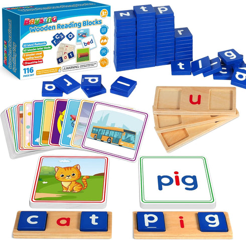 Learning Toys for 3 4 5 Years Old Kids - 116Pcs Short Vowel Letters Sorting Spelling Reading Toy Set with Double-Sided Flash Cards, Preschool Kind...