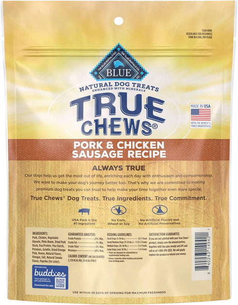 Blue Buffalo True Chews Premium Natural Dog Treats, Pork and Chicken Sausage 14 oz bag...