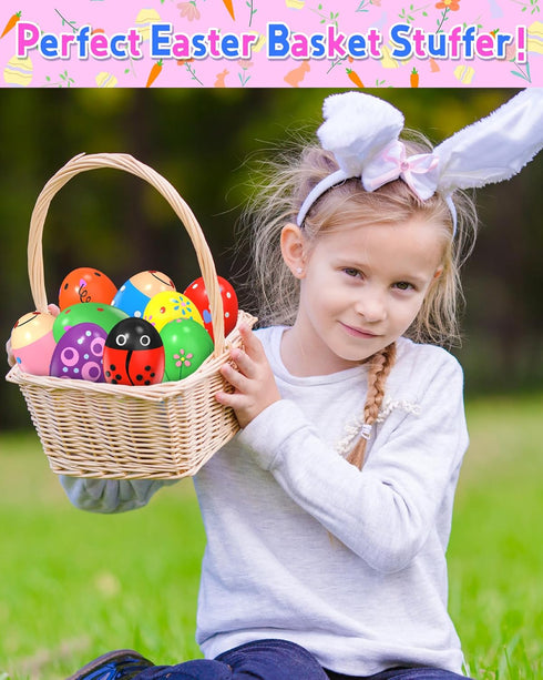 9 Pack Wooden Percussion Musical Shake Prefilled Easter Eggs with Toys Inside Filled for 3 4 5 Years Old, Toddlers Easter Basket Stuffers Egg Fill...