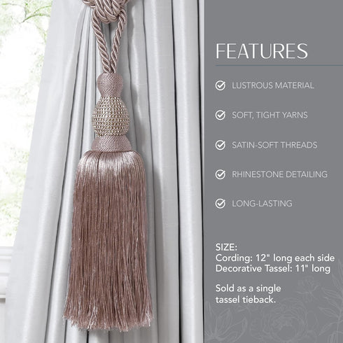 Elrene Home Fashions Julia Rhinestone Tassel Curtain Tieback, 26", Mauve...