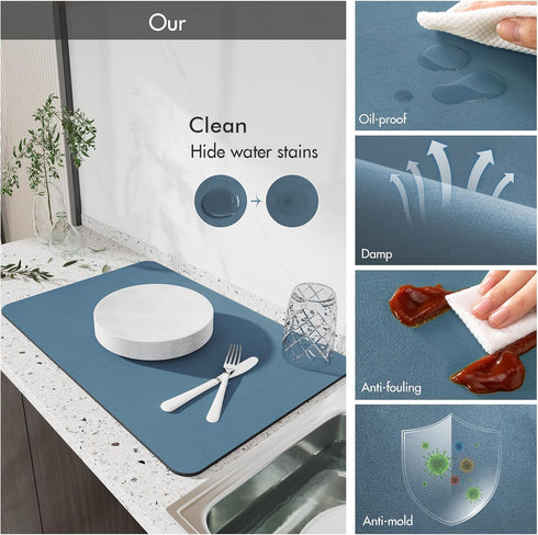 Drying Mat for Kitchen Countertops, Coffee Mat Hide Stain Rubber Backed Absorbent Dish Drying Mat (Blue, 12"x16")...