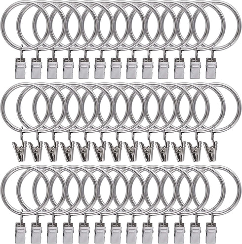 44 Pack Curtain Rings with Clips Hooks, Silver Drapery Clips with Rings Stainless Steel Metal 1.5 inch Curtain Hangers Clips, Fits Diameter 1.2 in...