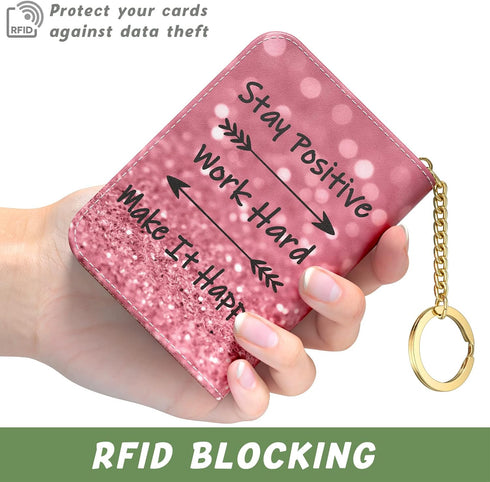 Credit Card Holder for Women, Small RFID Card Wallet Slim Leather Card Organizer Case with Zipper & Keychain(Work Hard)...