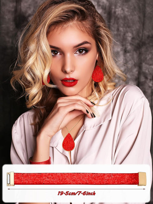 Hicarer Women's Glitter Jewelry Set, Include 2 Pieces Bridal Wedding Multi-Layer Bracelet 3 Pair Faux Leather Dangle Earrings 1 Piece Necklace for...