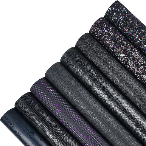 8 Pieces 8x12 Inch Faux Leather Sheets Black Fine Chunky Glitter Metallic Litchi Butterfly Embossing Lizard Texture Leather Fabric for Bows Earrin...