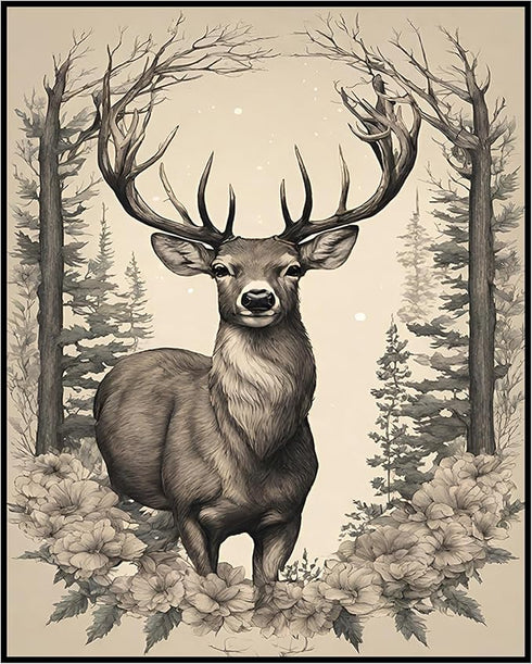 Posterizer 1 pcs- Beautiful deer in a jungle with wild white flowers-Art for Animal Lovers-Floral Botanical Art- Gift for Men Women -Decor for Bed...