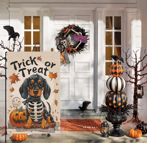 Halloween Garden Flags for Outside 12x18 Inch Double Sided Burlap, Trick or Treat Dachshund Garden Flag Halloween Dog Skeleton Decorations for Hom...