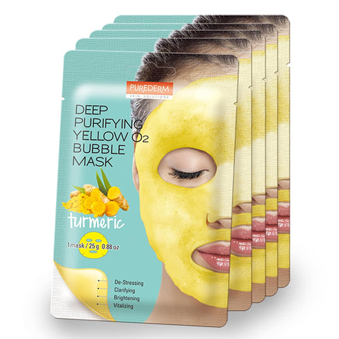Purederm Deep Purifying Yellow O2 Bubble Mask Turmeric (5 Pack) – Bubble Face Sheet Mask for Purifying & Vitalizing...