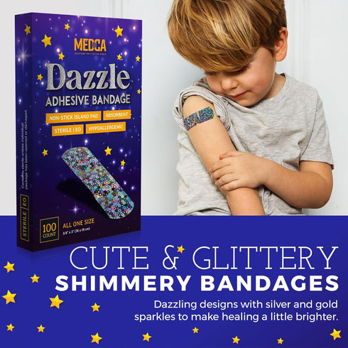 Glitter Bandages for Kids -(100 Count Box) Adhesive Bandage Strips w/Colorful Glitter Design & Latex-Free Individually Wrapped Strips for First Ai...