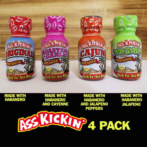 ASS KICKIN' Premium Hot Sauce Bottles Gourmet Gift Set Travel Size – .75 oz. 4 Pack - Try if you dare! – Perfect Gourmet Christmas Gifts for the H...