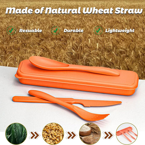 Reusable Travel Utensils Set with Case, 5 Sets Wheat Straw Portable Plastic Fork Spoons Knife Camping Cutlery, Eco-Friendly BPA Free Lunch Tablewa...