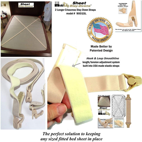 Hold-Up Brand Crisscross Fitted Sheet Strap Stay-Downs with US Patented Gripper Clasps...