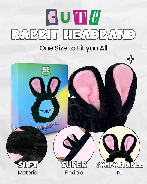 CHASIN' RABBITS Spa Headband for Washing Face – Black Rabbit | Skincare Headbands Makeup Headband for Washing Face | Black Headband Hair Styling A...