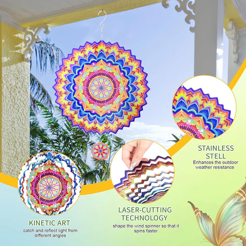 ITEFDTUTNE Metal Wind Spinners, Mandala Stainless Steel 3D Hanging Wind Spinners, 12 inch Laser Cut Wind Sculptures for Women Gift, Indoor/Outdoor...